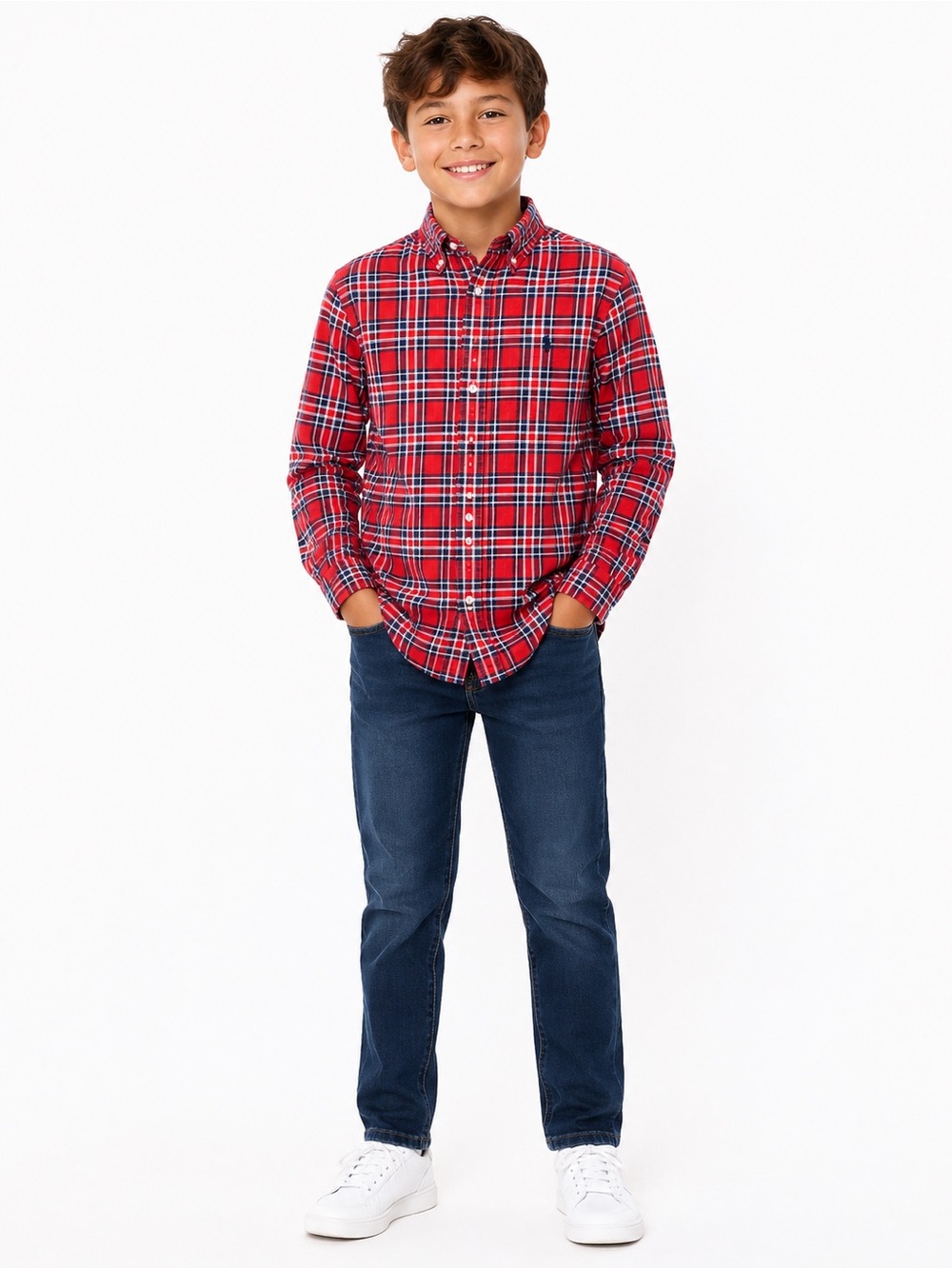 POLO RALPH LAUREN Youth M 10-12 Red Blue Long sleeve Button Down